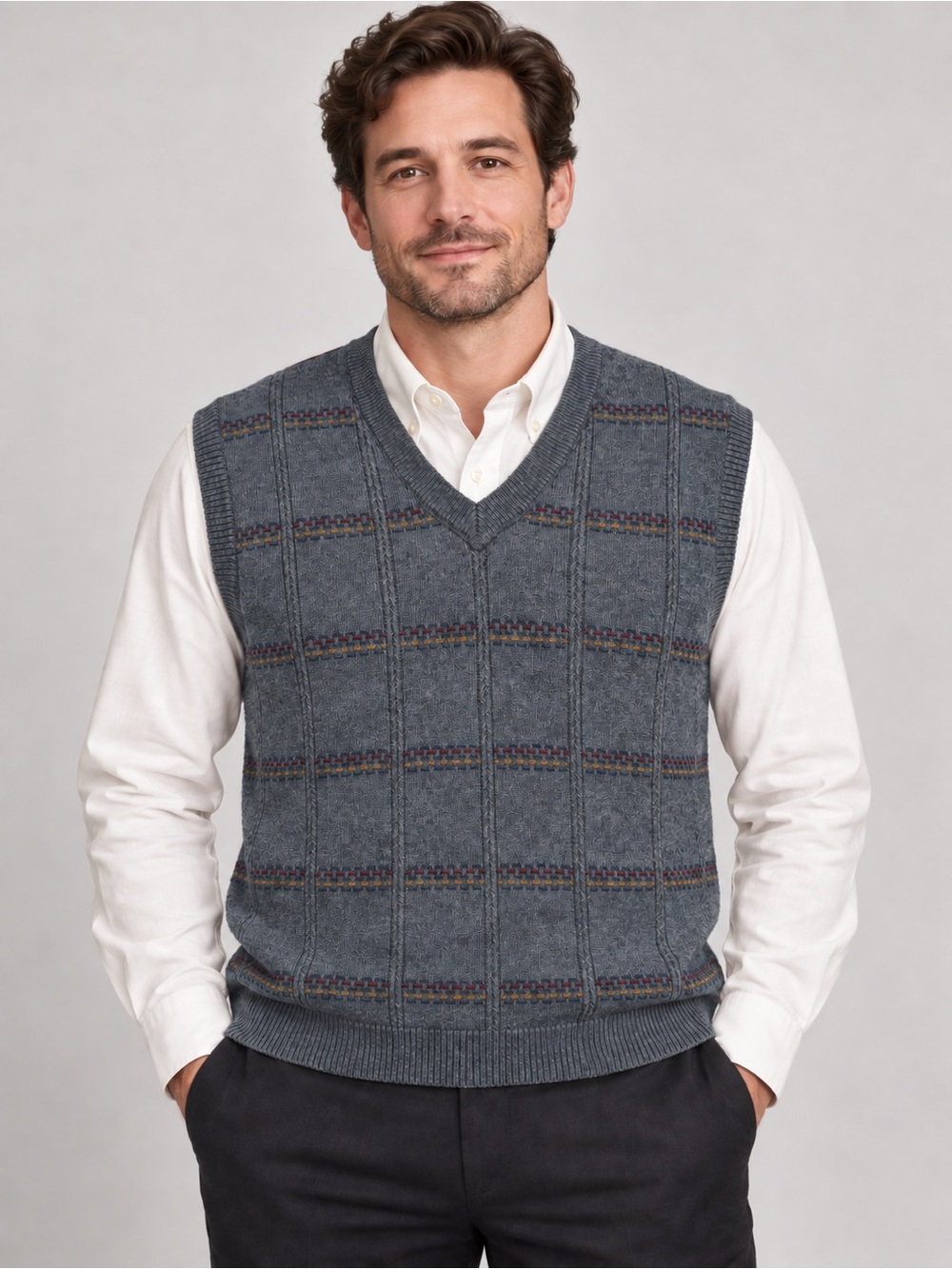Classic Men's V-Neck Grey Knit Sweater Vest